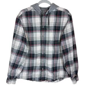 Eddie Bauer Shirt Mens Large Gray Plaid‎ Cotton Button-Front Hooded Drawstring